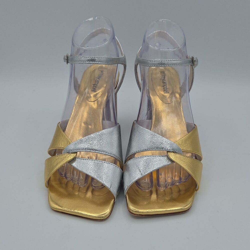 Jeffrey Campbell Metallic Gold Silver Strappy Sandals Heeled Shoes Womens Size 9